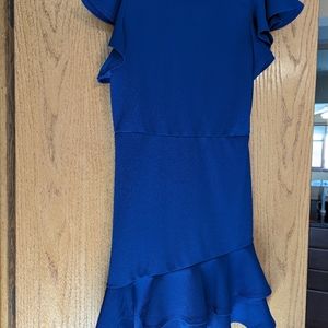 Fit and flare silhouette dress with ruffle.  Size large.  Deep blue.